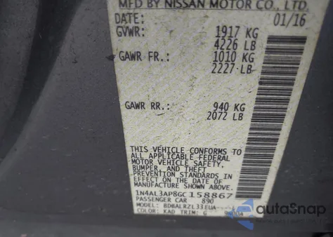 2016 Nissan Altima 2.5 Sl from USA, damaged, VIN 1N4AL3AP8GC158867